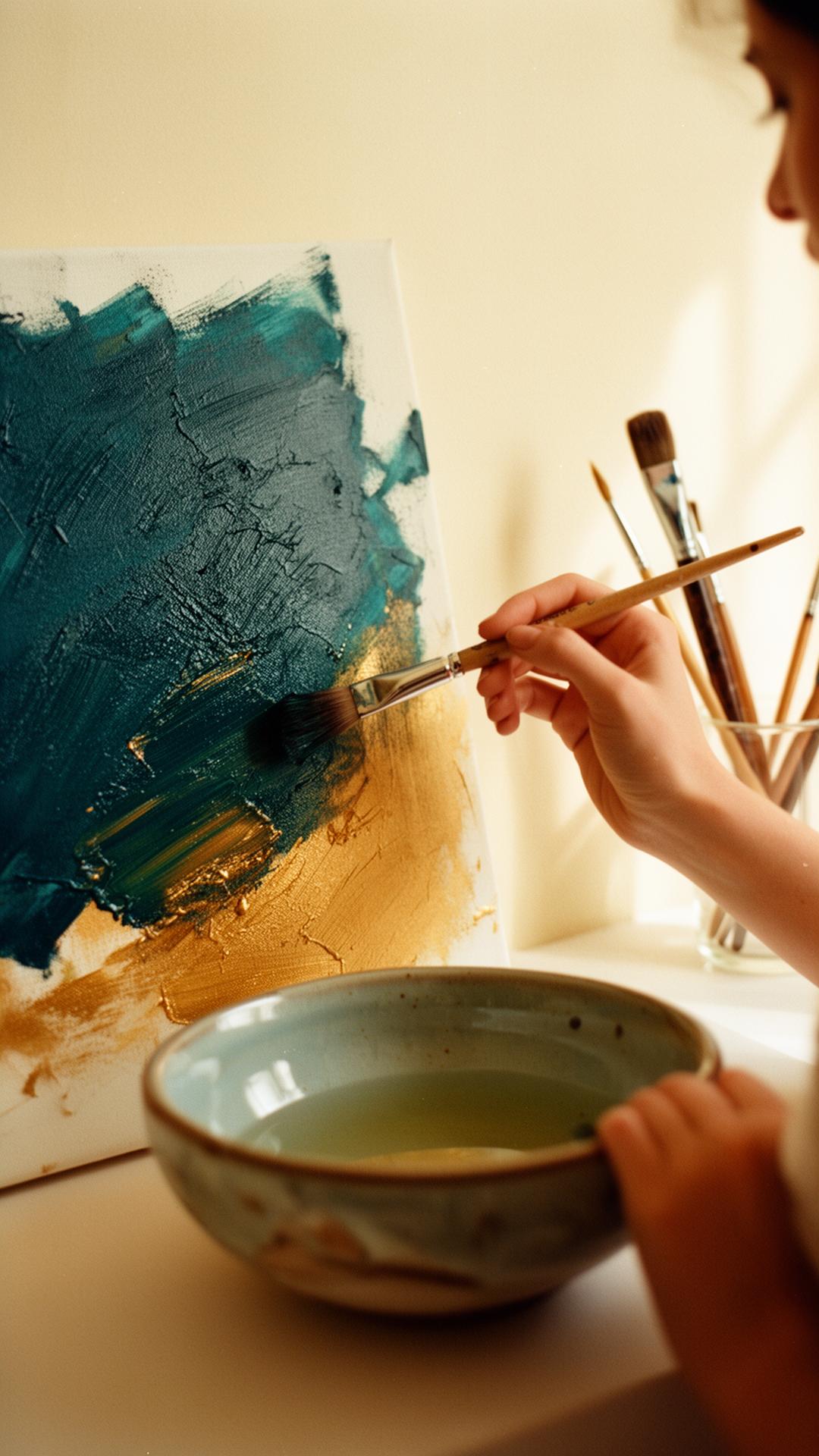Hands painting with teal and gold pigment