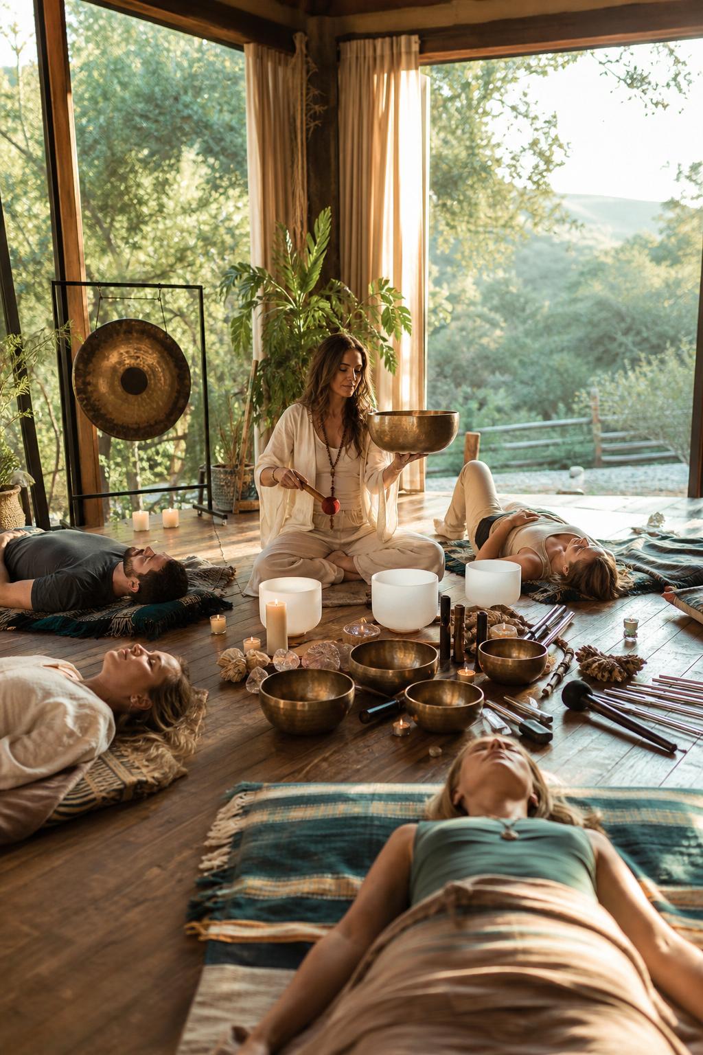 Sound healing ceremony with singing bowls in the canyon